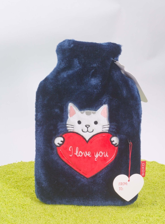 Wärmflasche mit kuscheligem Überzug Katze mit Herz
